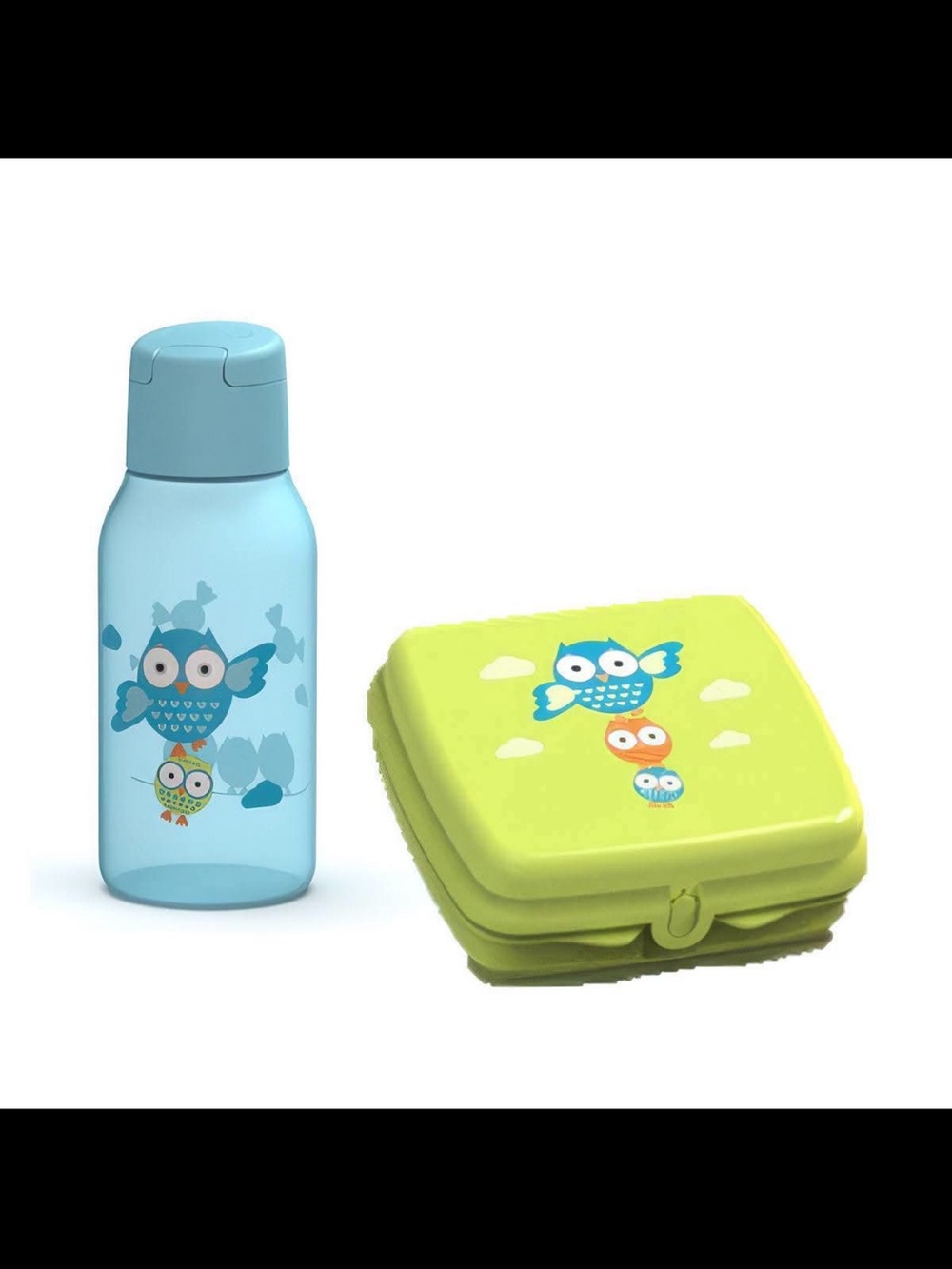 Kids Owl Print Blue Water Bottle and Lime Snack Box Set